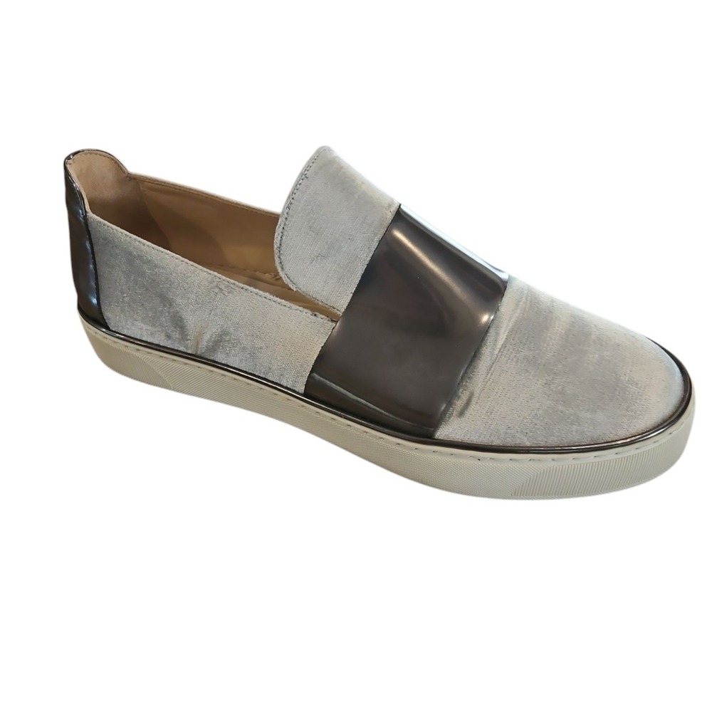 Stuart Weitzman SZ 9.5 LT. Gray Velvet With Gunmetal Band Slip On Sneaker Flat